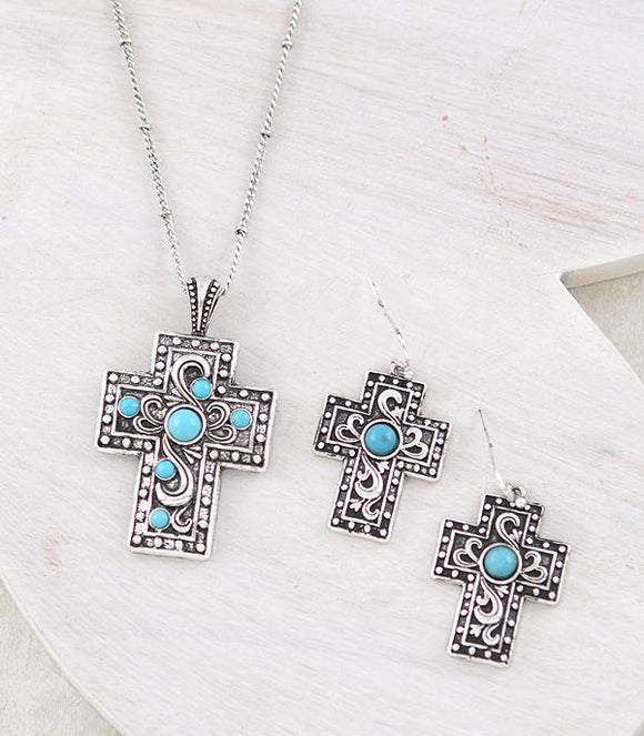 Western Turquoise Cross Necklace Set