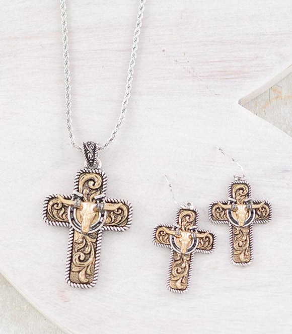 WESTERN COW SKULL CROSS NECKLACE SET - 2 TONE