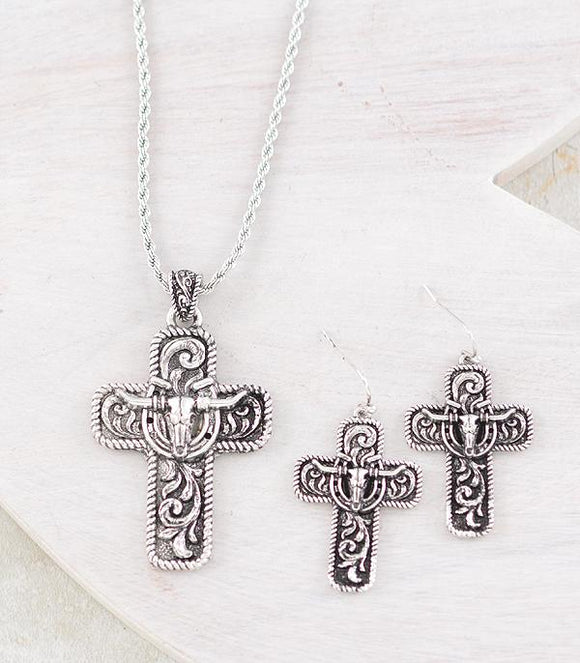 WESTERN COW SKULL CROSS NECKLACE SET - SILVER