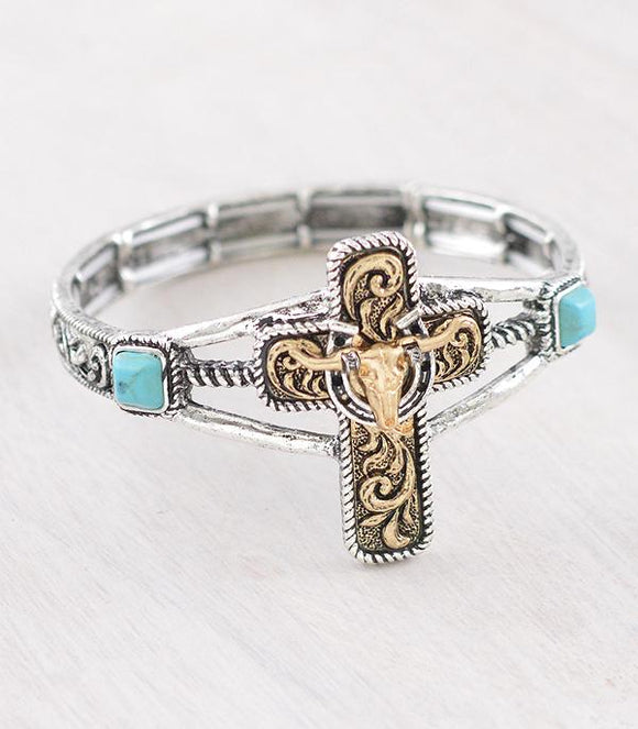 WESTERN COW SKULL CROSS BRACELET - 2 TONE