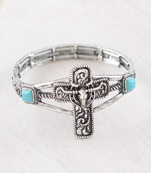 WESTERN COW SKULL CROSS BRACELET - SILVER