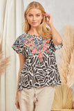 FLORAL EMBROIDERY PRINTED BLOUSE TOP - IVORY BLACK