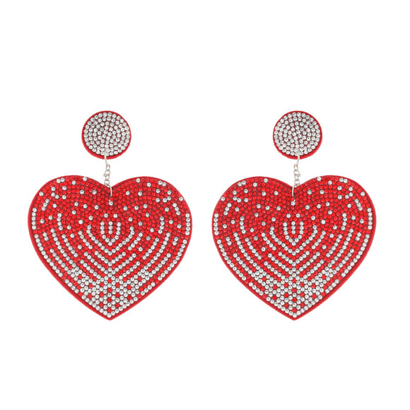 RED TWO TONE HEART SHAPED LONG DROP CRYSTAL EARRINGS