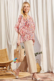 OVERSIZED FIT V NECKLINE PONCHO TUNIC TOP - RED MULTI COLOR