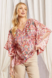 OVERSIZED FIT V NECKLINE PONCHO TUNIC TOP - RED MULTI COLOR