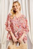 OVERSIZED FIT V NECKLINE PONCHO TUNIC TOP - RED MULTI COLOR