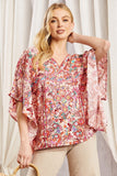 OVERSIZED FIT V NECKLINE PONCHO TUNIC TOP - RED MULTI COLOR