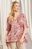 OVERSIZED FIT V NECKLINE PONCHO TUNIC TOP - RED MULTI COLOR
