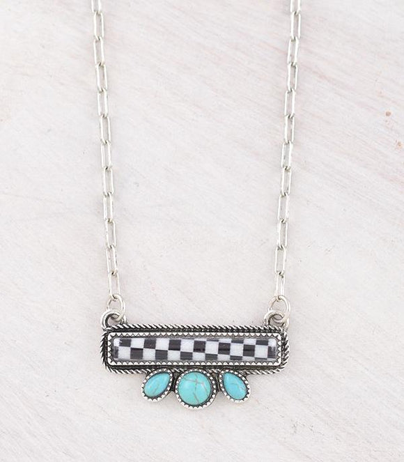 Western Checkered Bar Turquoise Stone Necklace