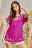 DOLMAN FLORAL EMBROIDERY TOP - MAGENTA
