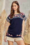 DOLMAN FLORAL EMBROIDERY TOP - NAVY