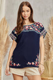 DOLMAN FLORAL EMBROIDERY TOP - NAVY