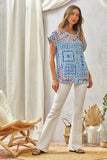 RELAXED DOLMAN EMBROIDERY TOP - AQUA MULTI COLOR