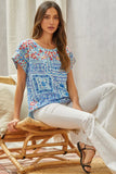 RELAXED DOLMAN EMBROIDERY TOP - AQUA MULTI COLOR