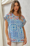 RELAXED DOLMAN EMBROIDERY TOP - AQUA MULTI COLOR