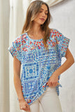 RELAXED DOLMAN EMBROIDERY TOP - AQUA MULTI COLOR