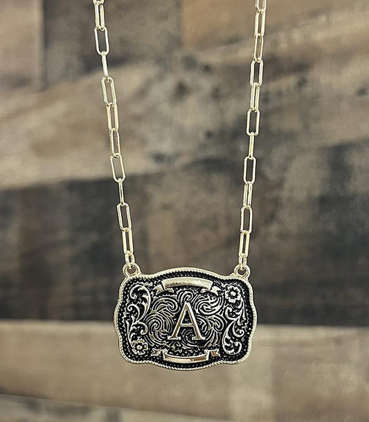 WESTERN BUCKLE INITIAL NECKLACE SILVER