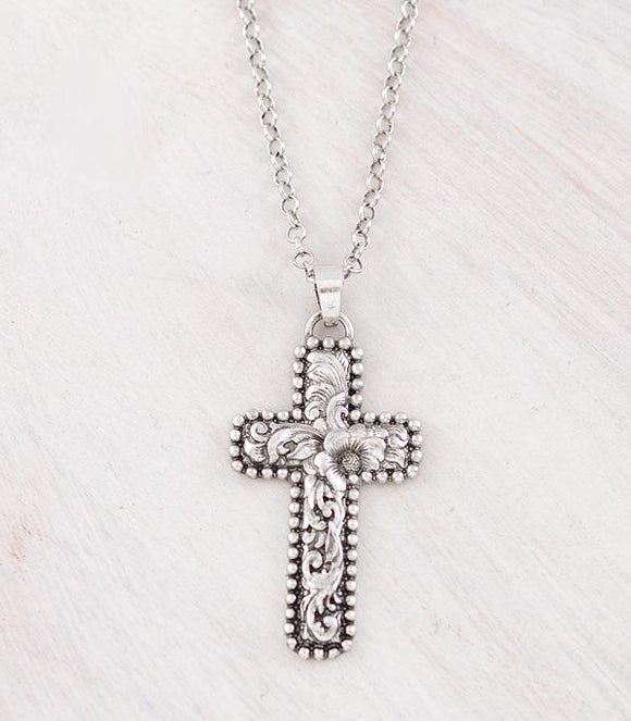 Western Floral Tooling Cross Necklace