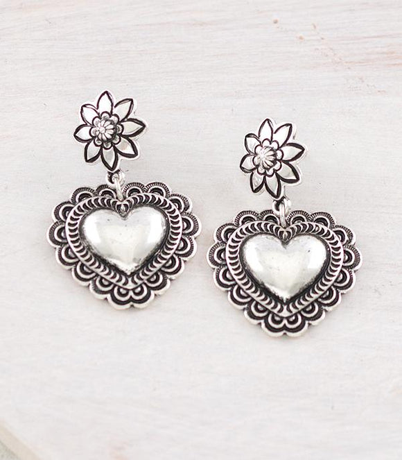 Western Heart Concho Earrings - Silver