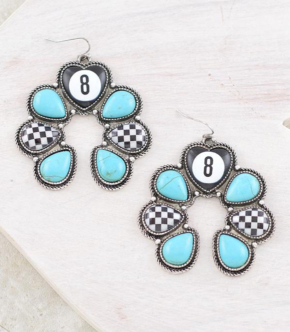 Western Eight Ball Checkered Turquoise Earrings