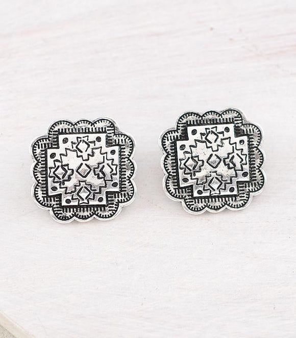 Western Aztec Concho Post Back Earrings - Silver