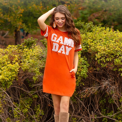 Your Fashion Wholesale Burnt Orange Game Day Sequin Tee Shirt Dress