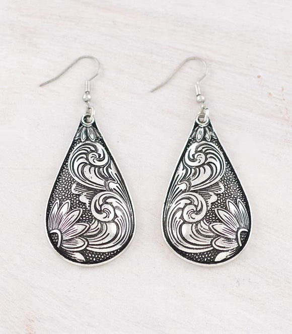 Western Floral Tooling Teardrop Earrings - Silver