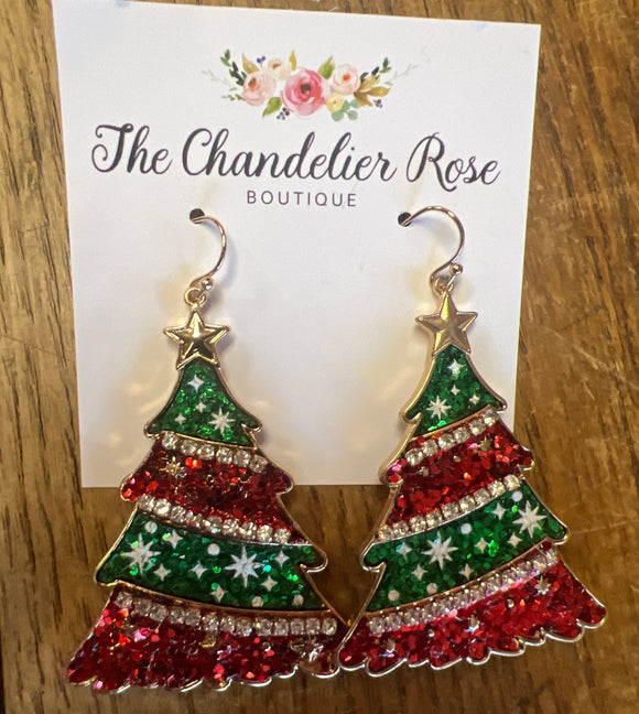 RHINESTONE LAYERED CHRISTMAS TREE GOLD STAR EARRINGS