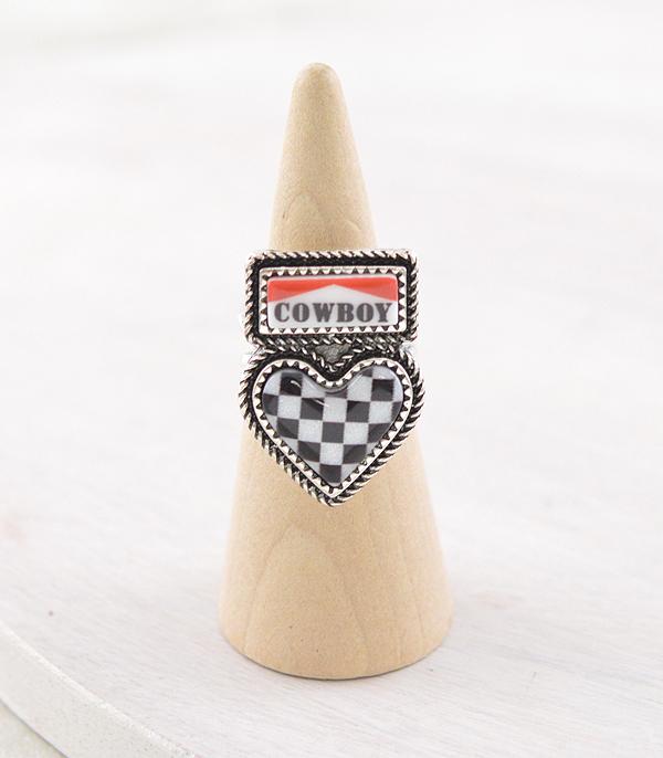 WESTERN COWBOY CHECKERED HEART RING