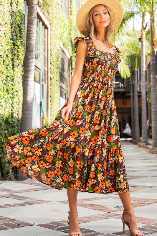 FLORAL MID DRESS SQUARE NECK - BROWN