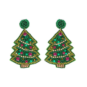 JEWELED BEADED EMBROIDERY CHRISTMAS TREE EARRINGS - GREEN