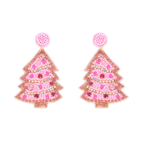 JEWELED BEADED EMBROIDERY CHRISTMAS TREE EARRINGS - PINK