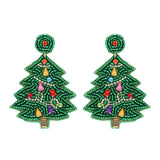 JEWELED BEADED EMBROIDERY CHRISTMAS TREE EARRINGS - GREEN