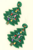 JEWELED BEADED EMBROIDERY CHRISTMAS TREE EARRINGS - GREEN