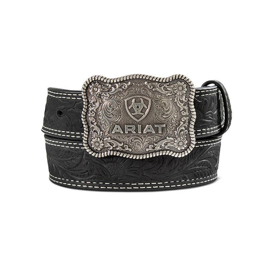 ARIAT BOYS BELT 1 1/4 TOOLED DOUBLE STITCH BLACK