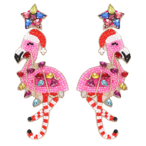 JEWELED FLAMINGO CHRISTMAS BEADED EARRINGS