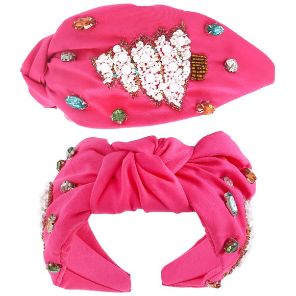 FUSCHIA JEWELED CHRISTMAS TREE BEADED KNOTTED HEADBAND