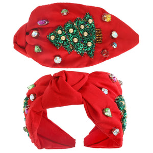 RED JEWELED CHRISTMAS TREE BEADED KNOTTED HEADBAND