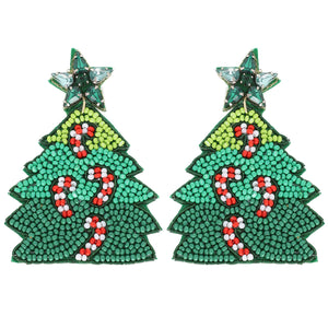 JEWELED CANDY CANE CHRISTMAS TREE BEADED EARRINGS - GREEN