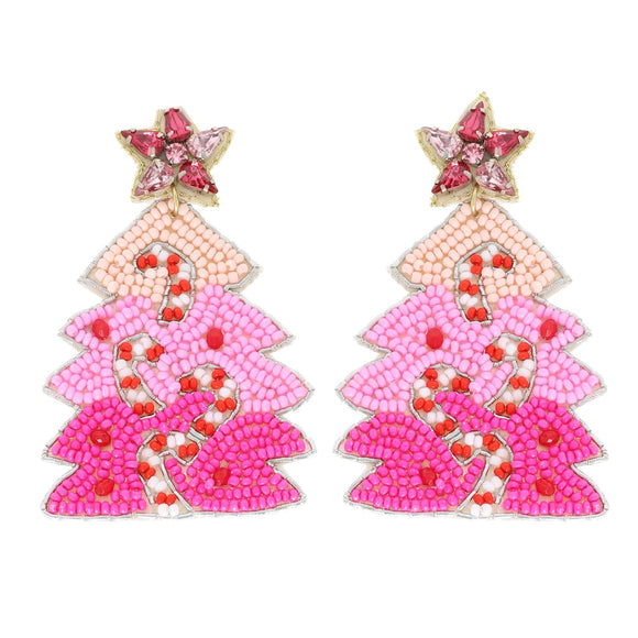 JEWELED CANDY CANE CHRISTMAS TREE BEADED EARRINGS - PINK