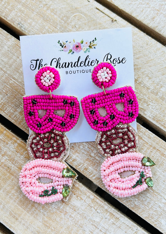 BOO BEADED STUD EARRINGS - HOT PINK AND LIGHT