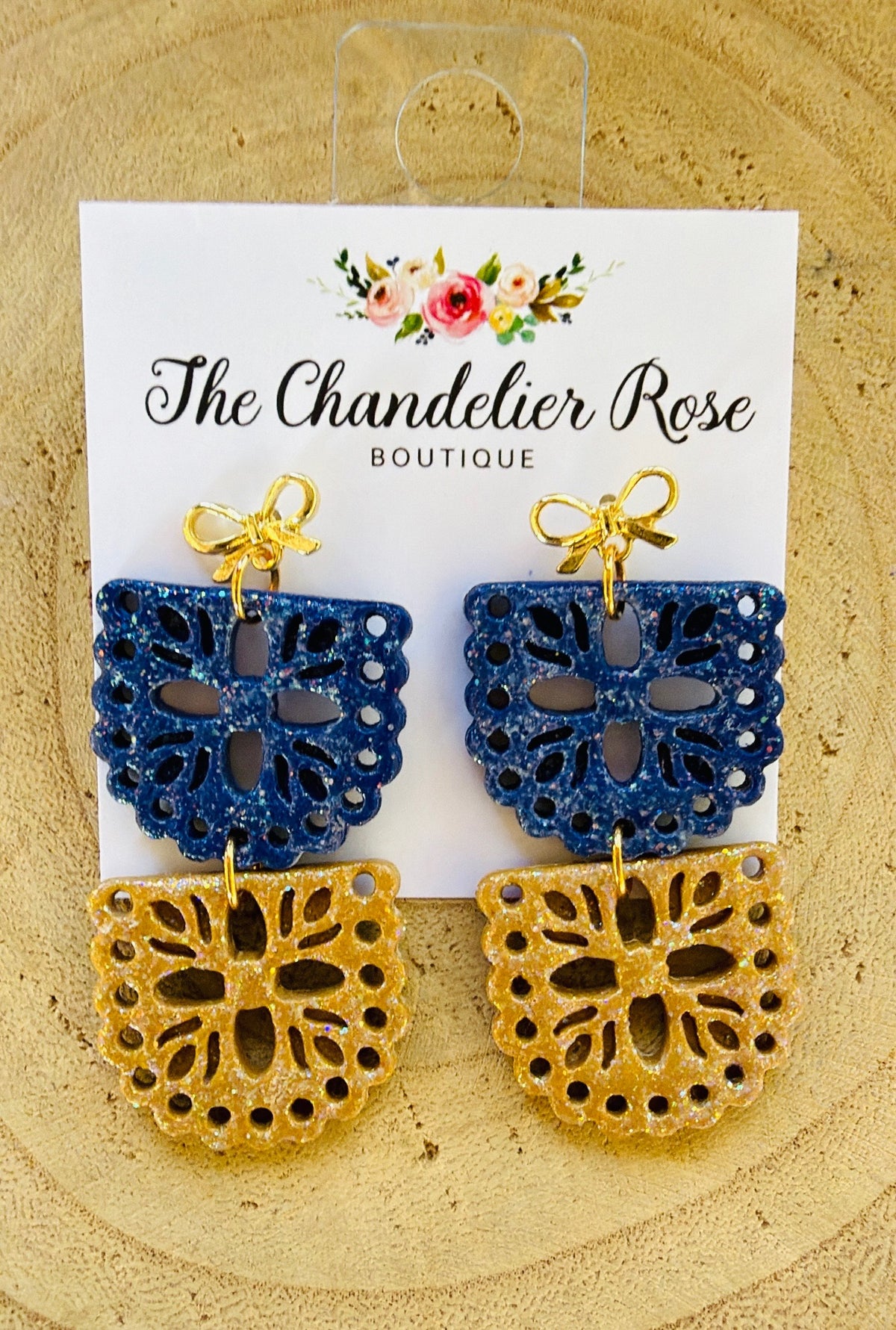 Blue and Gold Glittered 2 Tier Papel Picado Gold Bow Earrings