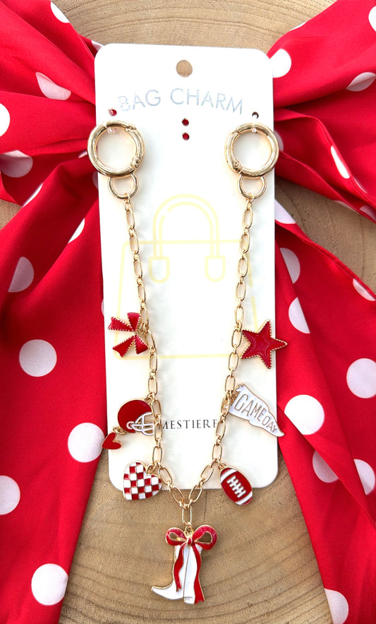 Game Day Bag Charm Boot Bow -  Red and White