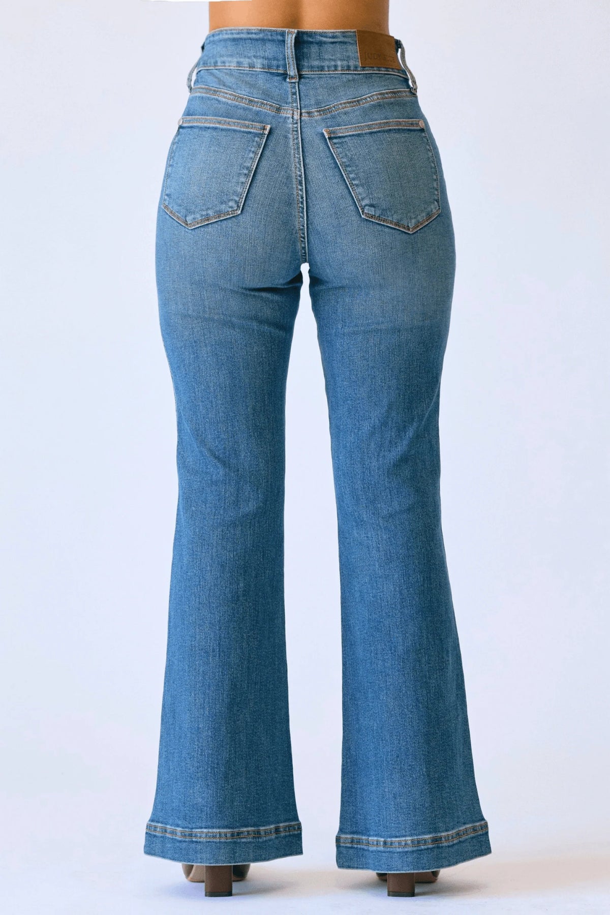 JUDY BLUE HIGH WAIST FLARE TUMMY CONTROL DOUBLE BUTTON WB JEANS - MEDIUM STONE