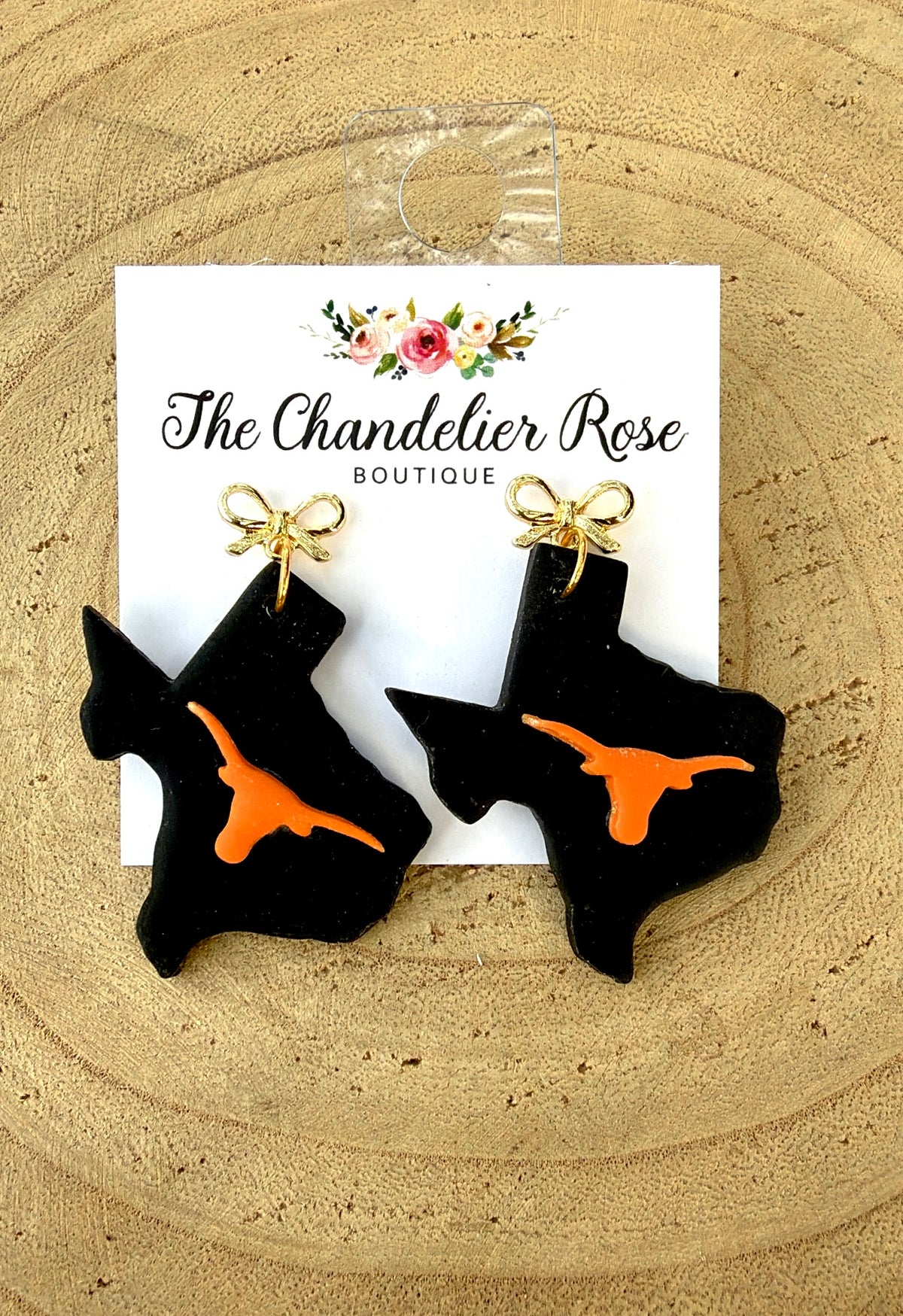 Black Texas Longhorns Earrings with Gold Bow