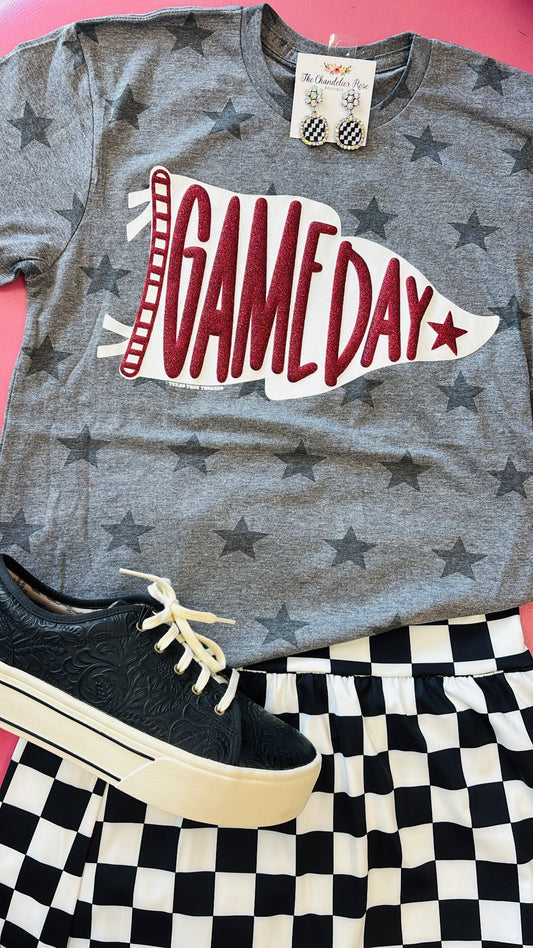 PENNANT GAME DAY HEATHER GREY STARS TEE - MAROON PUFF GLITTER