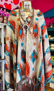 TWO BUTTON AZTEC PRINT FRINGE CROPPED COVER UP - TAN MULTI PRINT