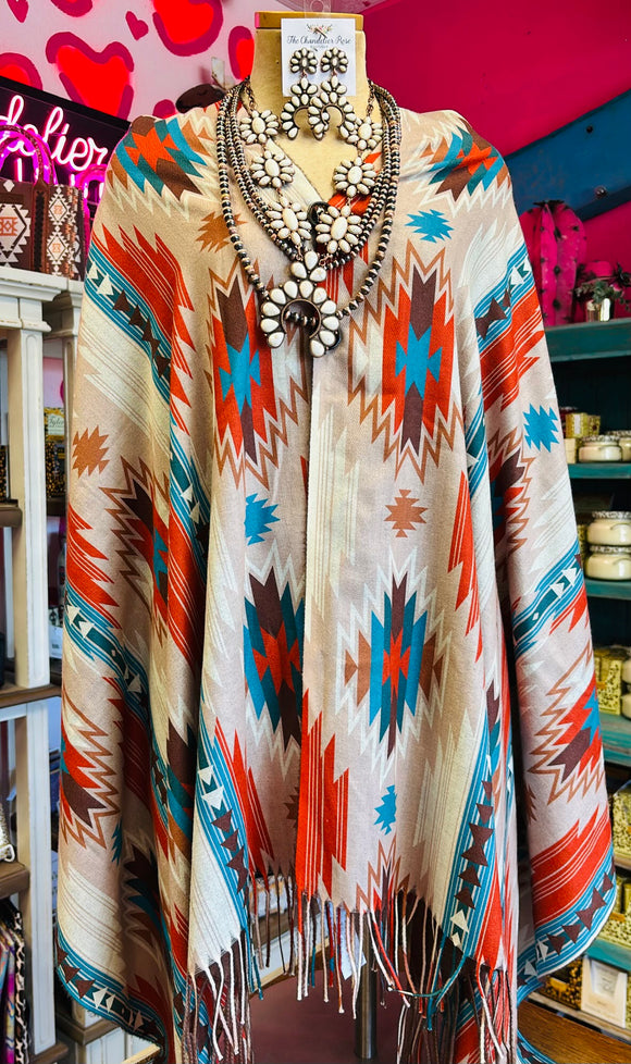 TWO BUTTON AZTEC PRINT FRINGE CROPPED COVER UP - TAN MULTI PRINT