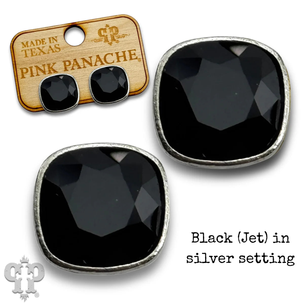 PINK PANACHE 10MM BLACK CUSHION SILVER STUDS - E509SBL