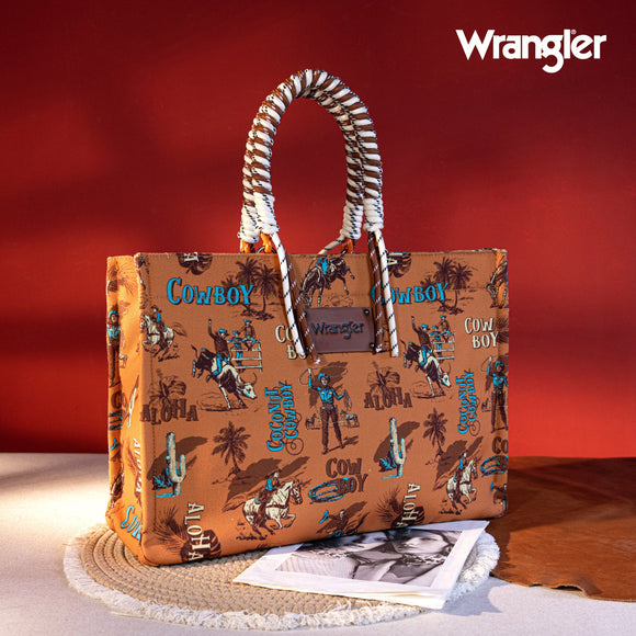 Wrangler COWBOY Dual Sided Print Canvas Wide Tote - BROWN